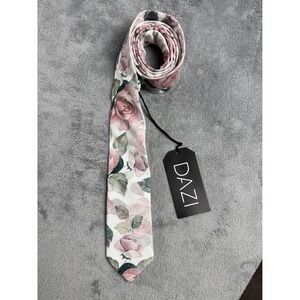 DAZI Floral Skinny Tie Rose Print Pink Green Mens Wedding Tie NWT